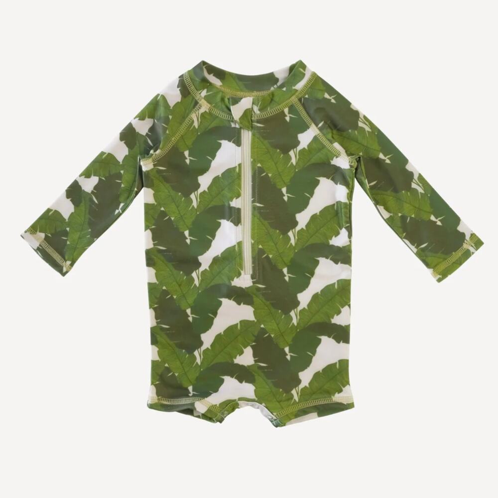 Kate Quinn Green Banana Leaves Long Sleeve Zip Front Rash Guard Size 3-6 Months